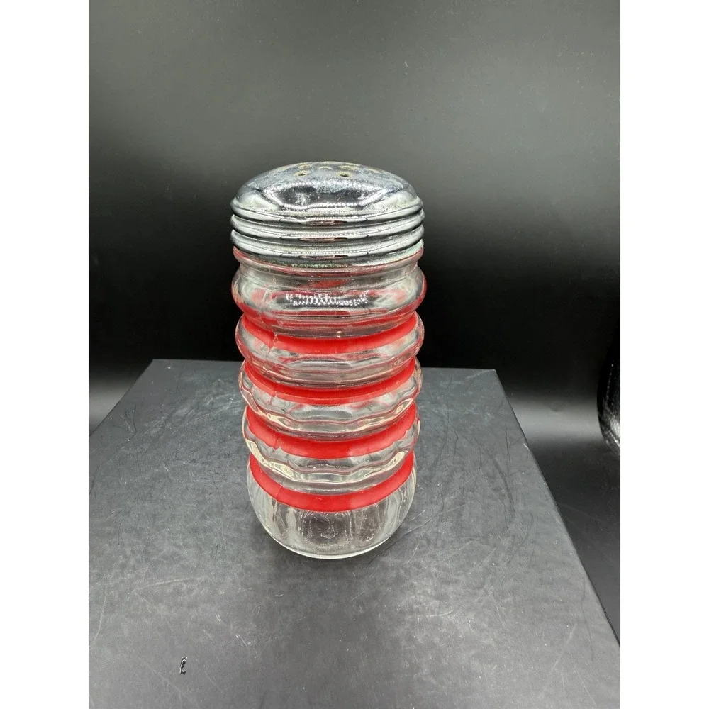 🍳✨ Vintage Hazel Atlas Stripe Kitchen Shaker – Clear Glass w/ Red Stripes ✨🍳